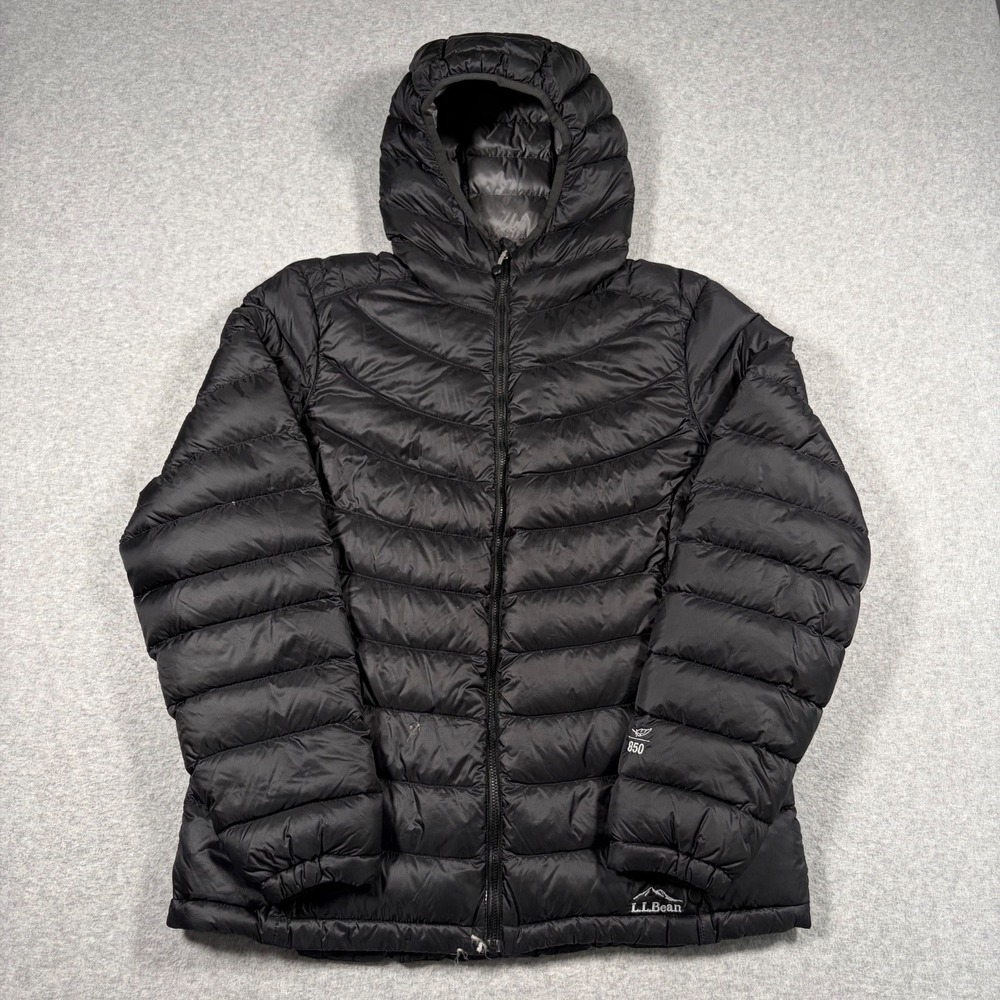 L.L. Bean Ultralight 850 Down Hooded Jacket Women Large Black Puffer Coat 290641